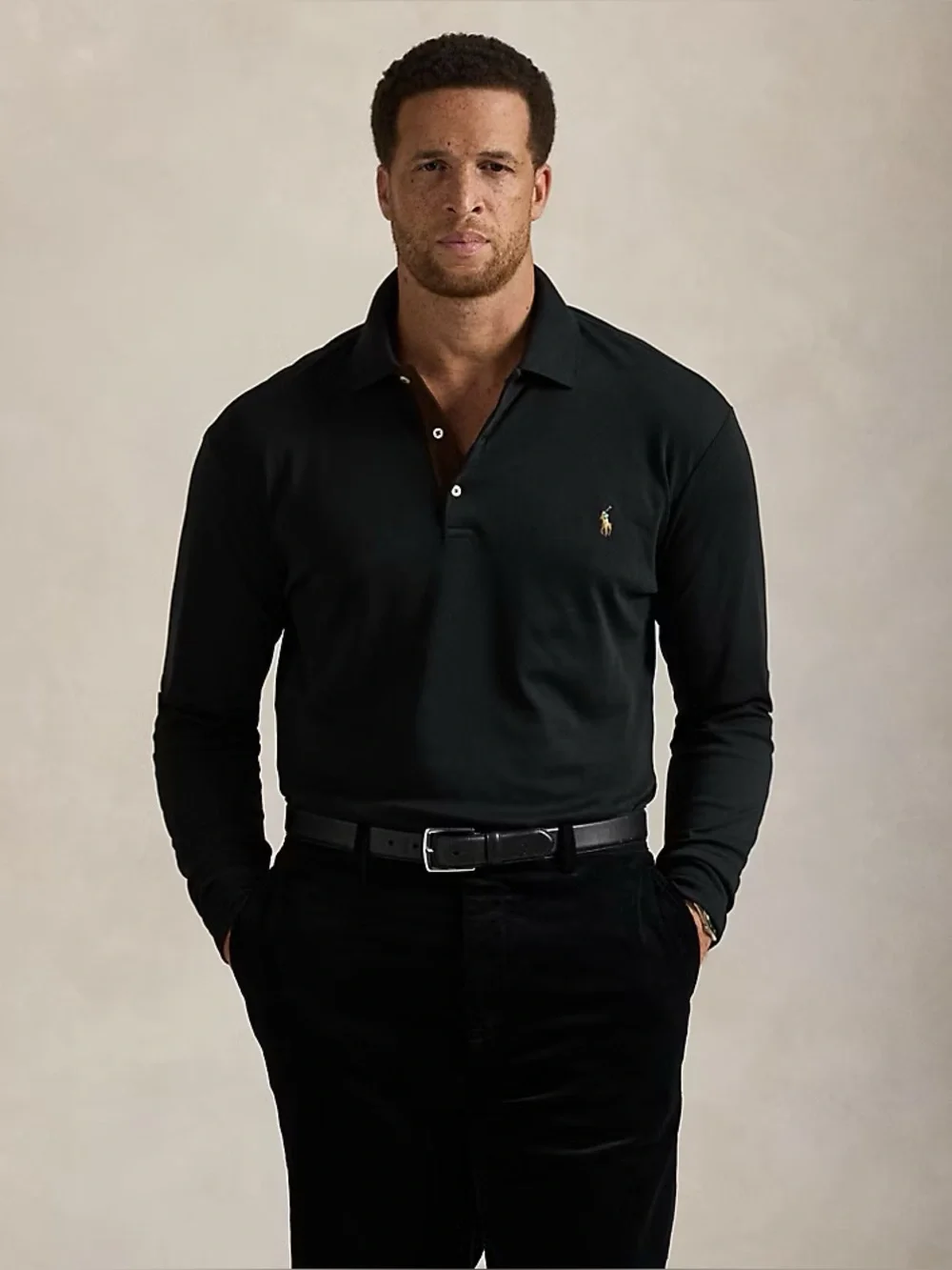Polo Long-Sleeve Cotton Polo Shirt - Black large tall